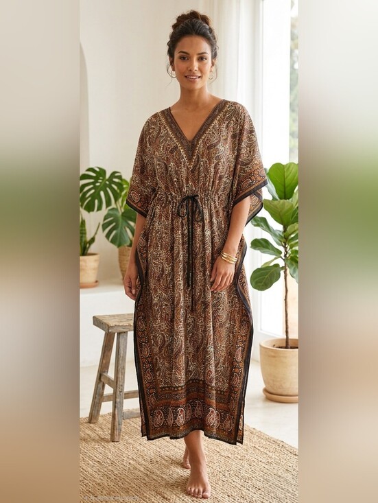 The Unbranded Brand Other - Boho Paisley Print Maxi Kaftan Dress V-Neck Drawstring One Size Viscose India
